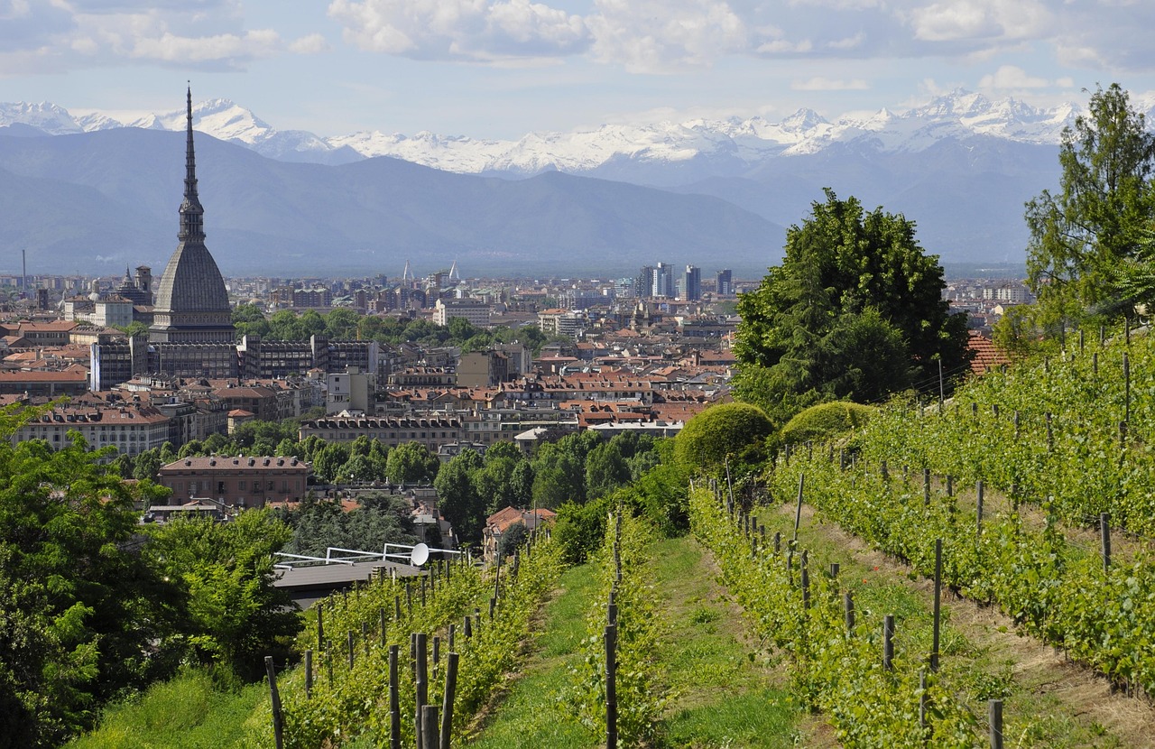 Vista panoramica sulla Franciacorta con vigneti e colline verdi al tramonto.