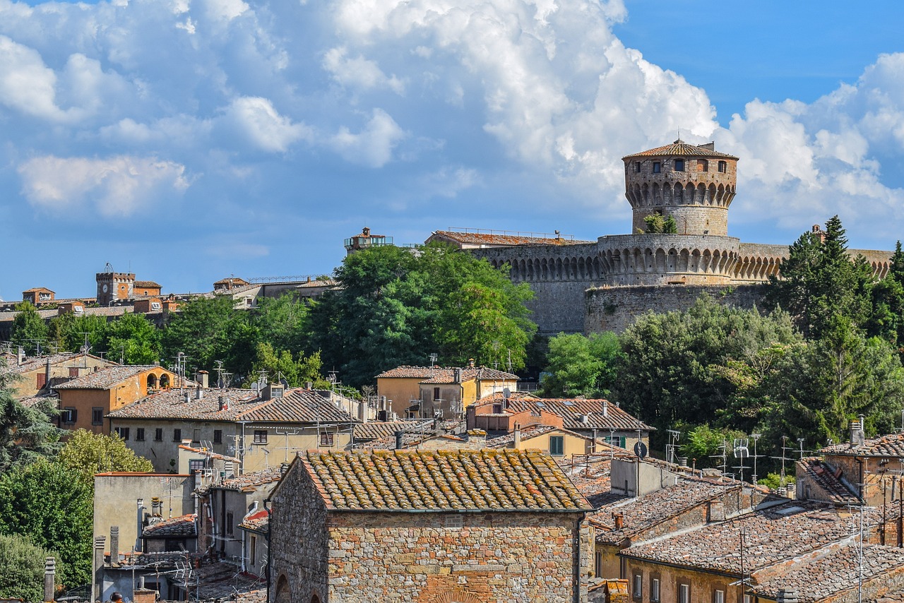 Vista panoramica di un borgo medievale con antiche mura e torri, immerso nella natura.