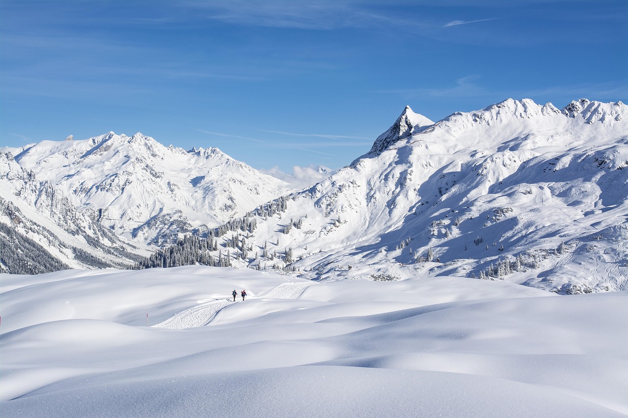 Panorama innevato con montagne maestose e cielo sereno in un punto panoramico invernale.