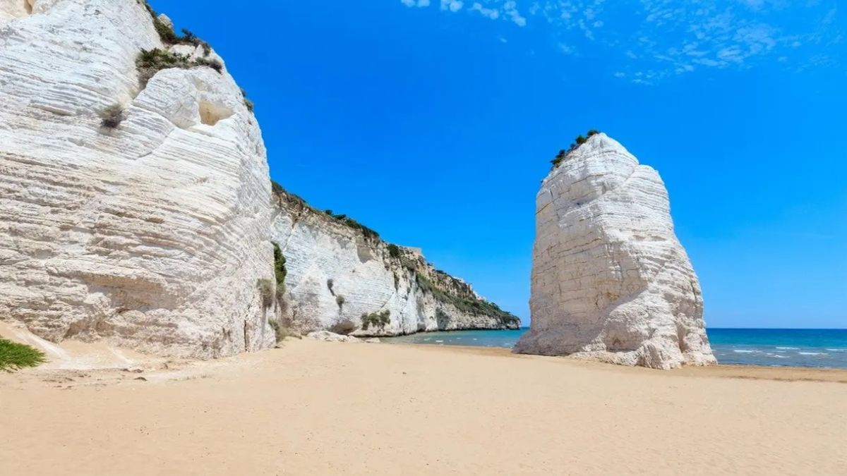 Spiaggia nascosta in Puglia, circondata da scogli e vegetazione, con acque cristalline e sabbia dorata.