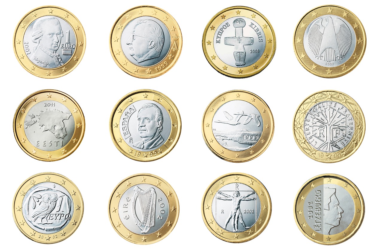 Monete da 1 euro rare, alcune valutate fino a 3000€, esposte su uno sfondo neutro.