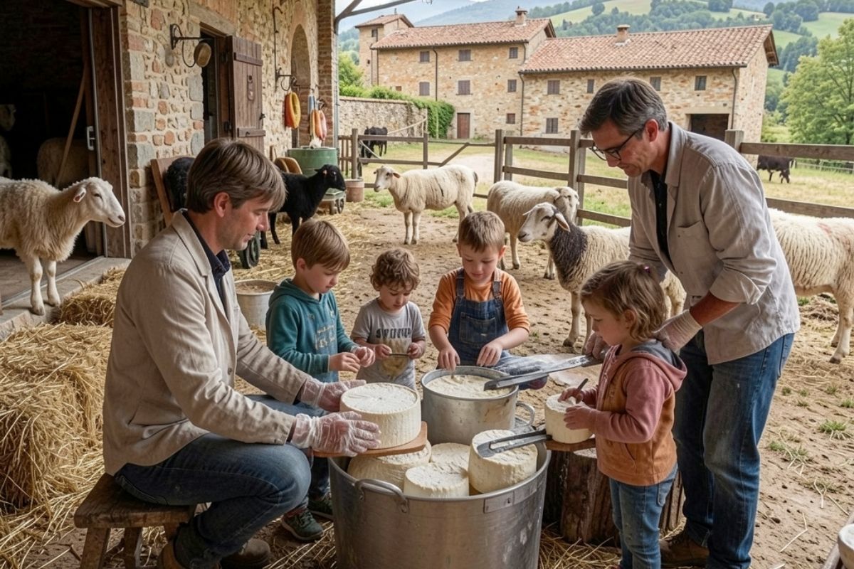 Vista panoramica del borgo emiliano con case storiche e paesaggi verdi, simbolo della produzione casearia stagionale.