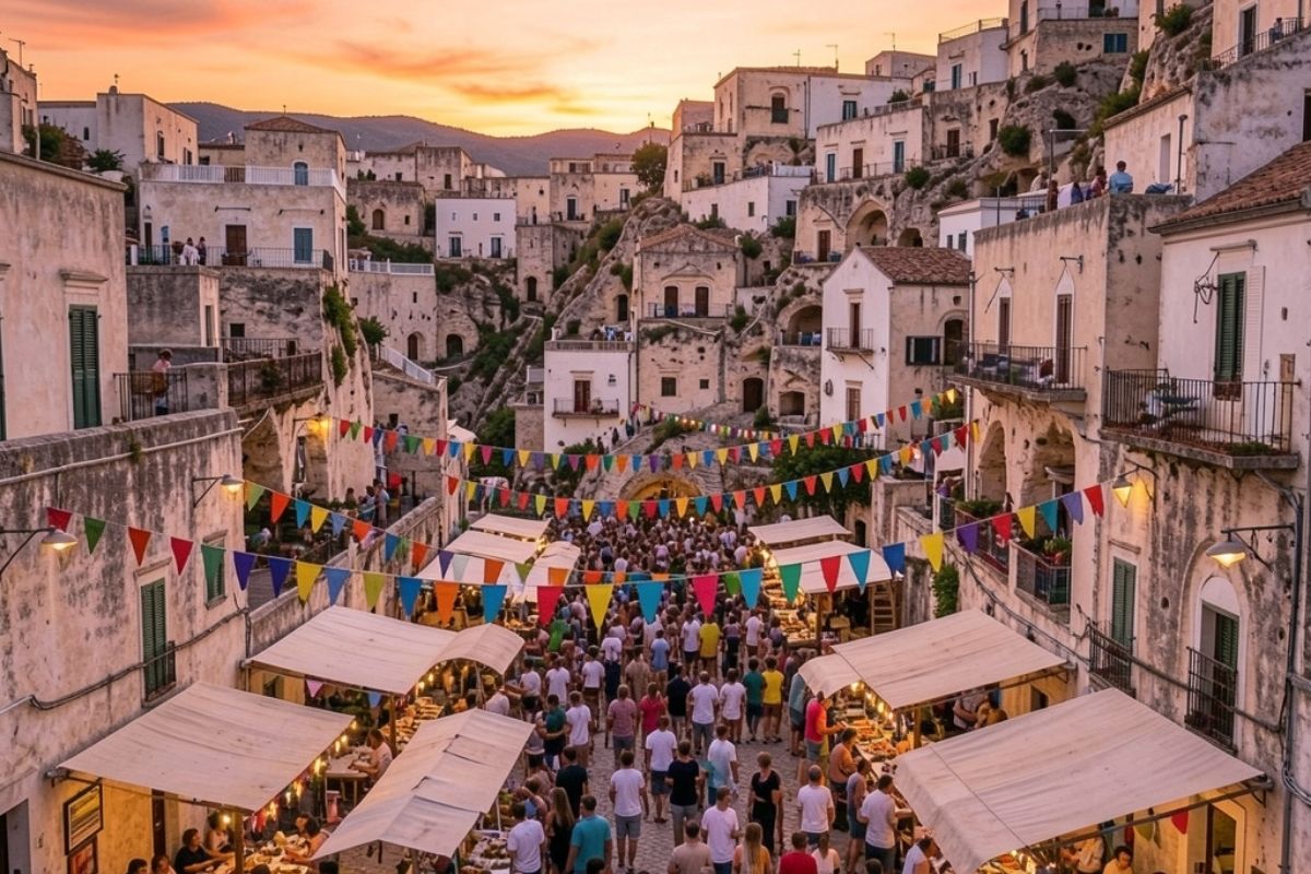Vista panoramica del borgo siciliano durante una festa popolare con bandiere e festoni colorati.